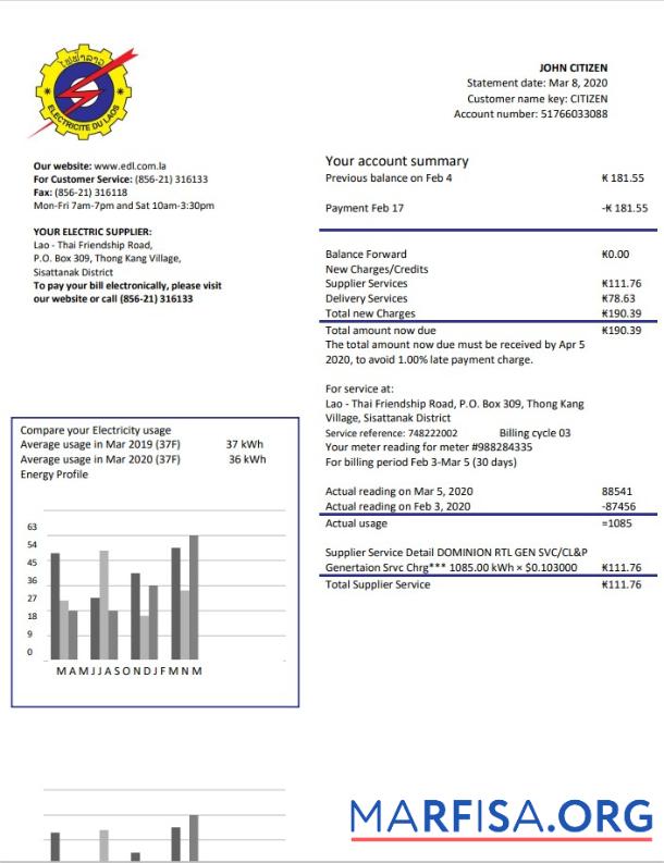 Downloadable Laos Electricite du Laos electricity utility bill template in Word and PDF format